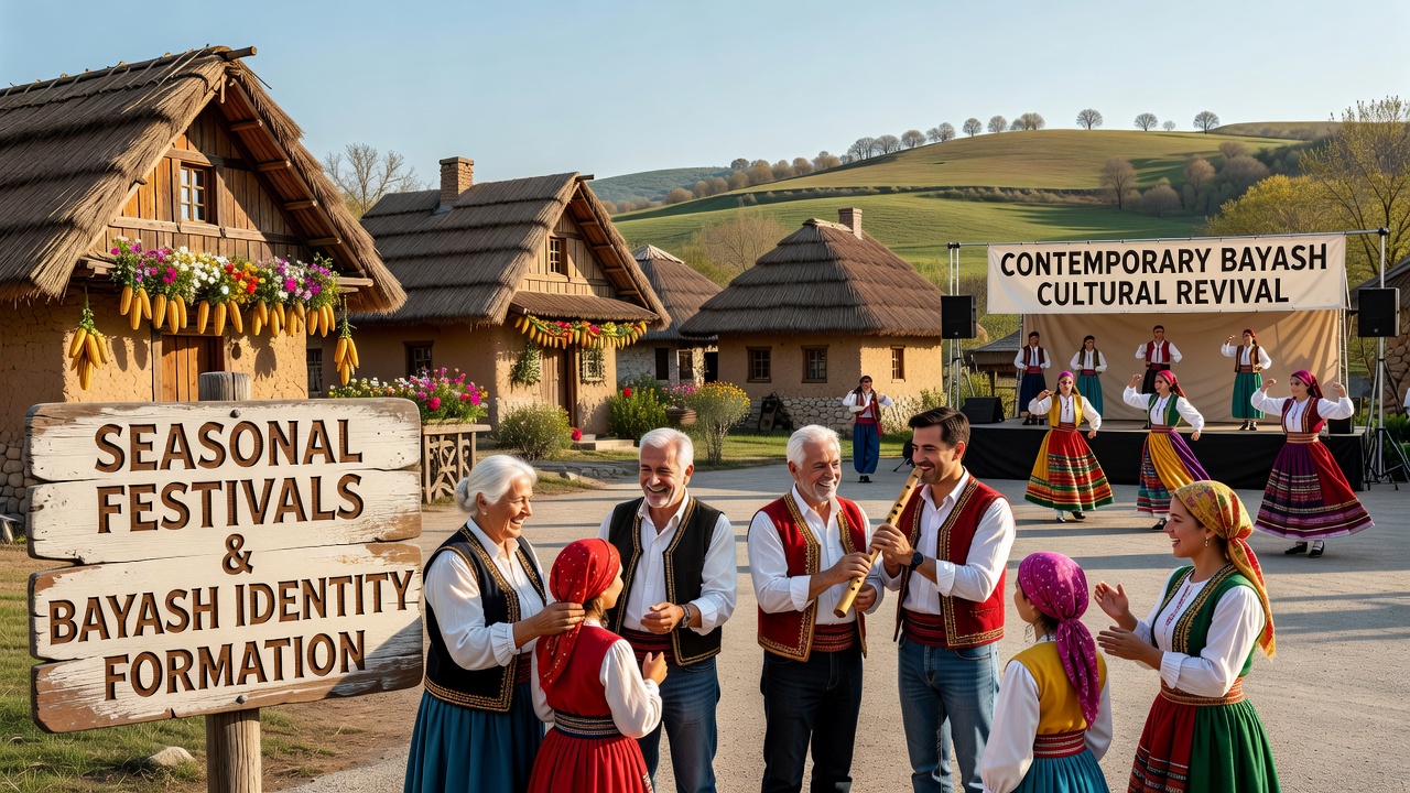 Group of Bayash elders and youth gathered around festival tables during an autumn celebration